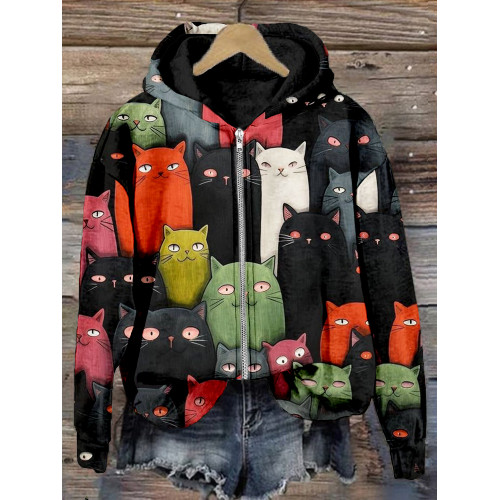 Cute Crowded Cats Art Pattern Zip Up Cozy Hoodie