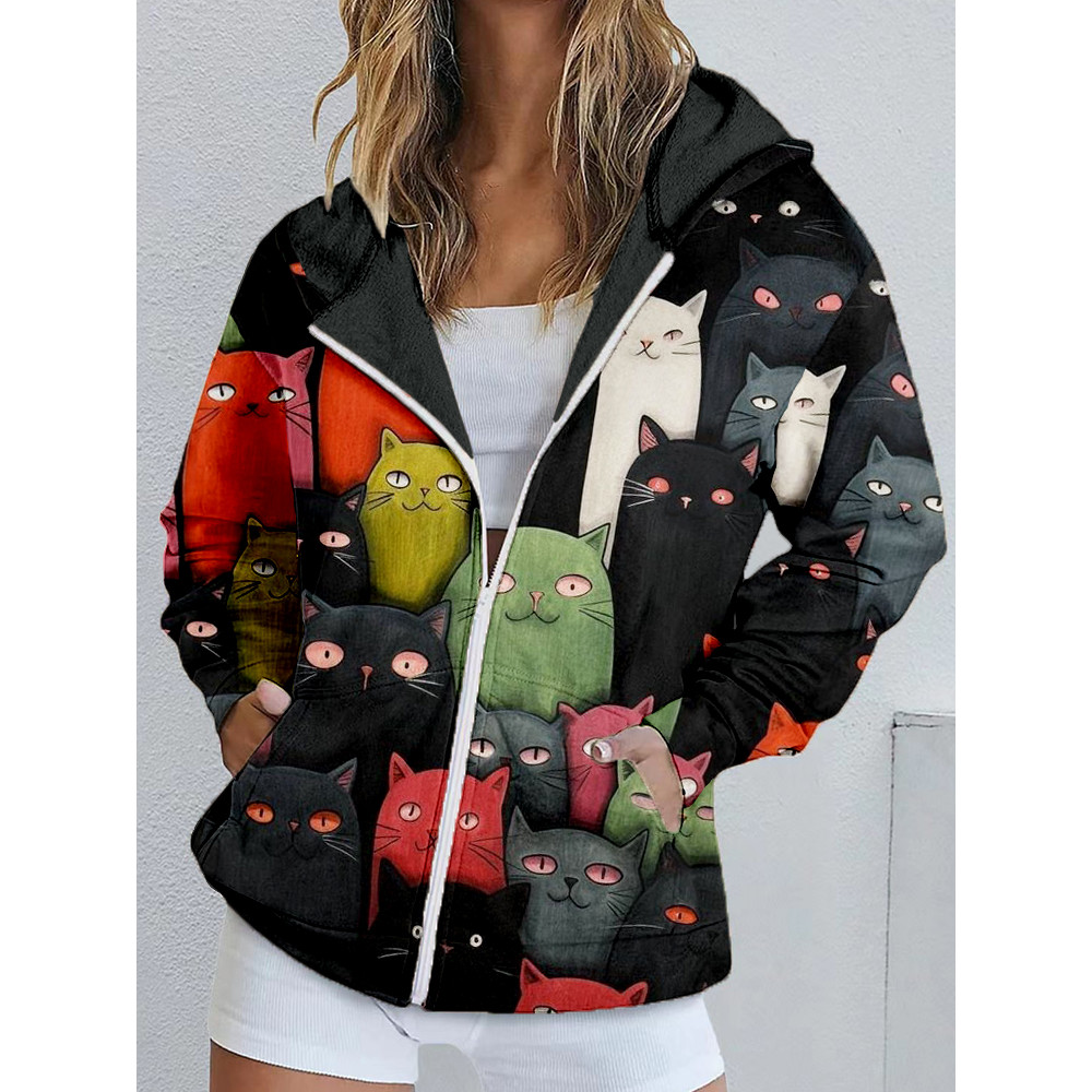 Cute Crowded Cats Art Zip Up Comfy Hoodie