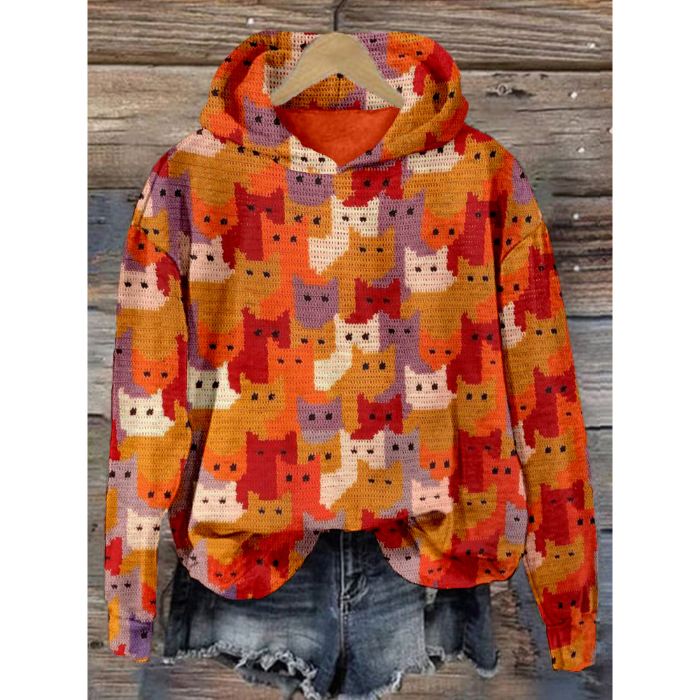 Cute Crowded Cats Knit Art Cozy Hoodie