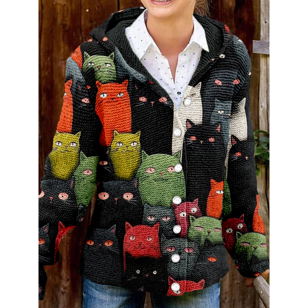 Cute Crowded Cats Pattern Cozy Hooded Button Cardigan