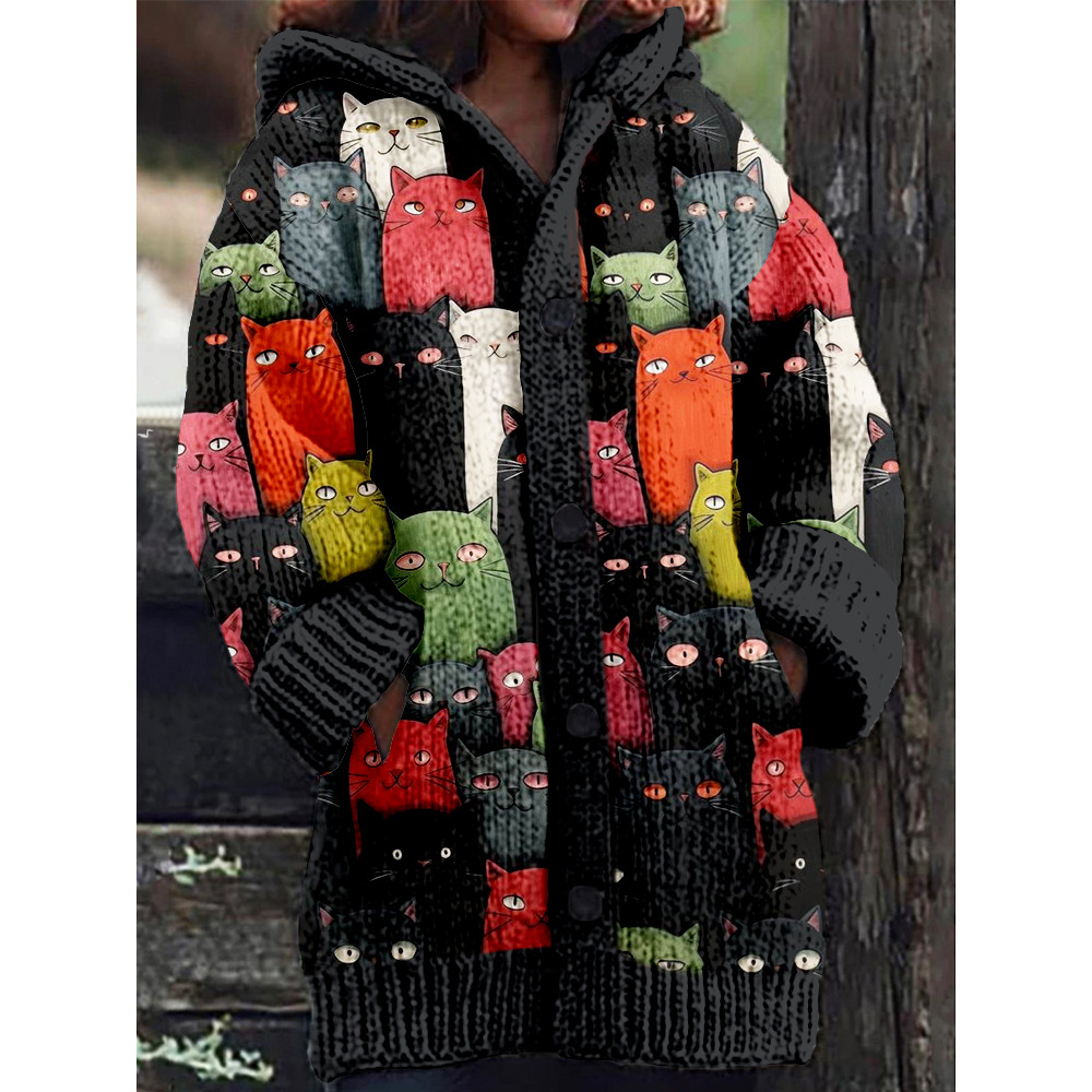 Cute Crowded Cats Pattern Cozy Hooded Knit Cardigan