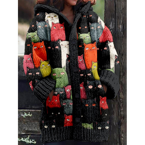Cute Crowded Cats Pattern Cozy Hooded Knit Cardigan