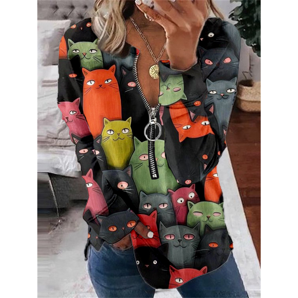 Cute Crowded Cats Pattern Zip Up Cozy Sweatshirt