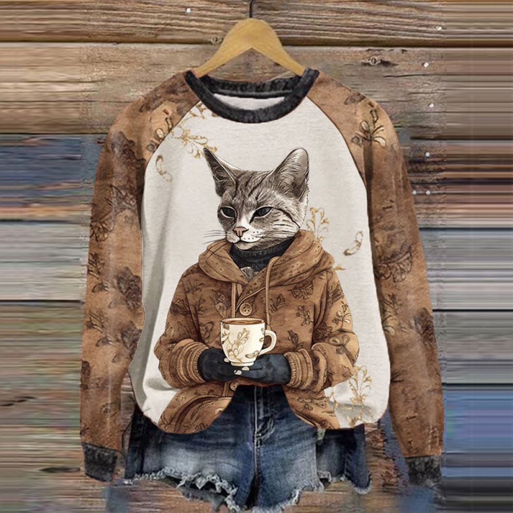 Cute Floral Cat Printed Sweatshirt