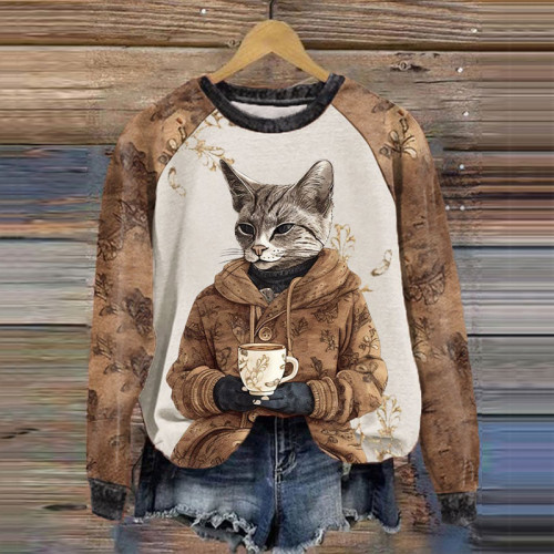 Cute Floral Cat Printed Sweatshirt