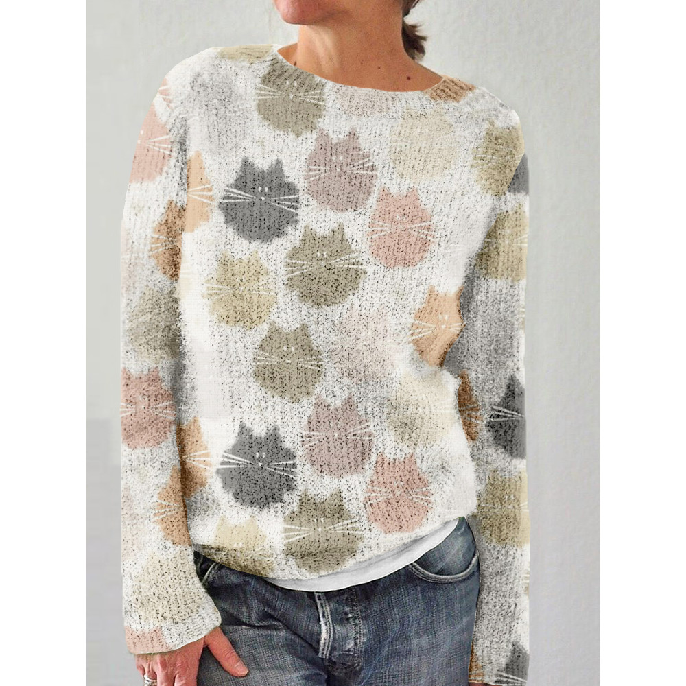 Cute Fluffy Cats Pattern Crew Neck Cozy Sweater
