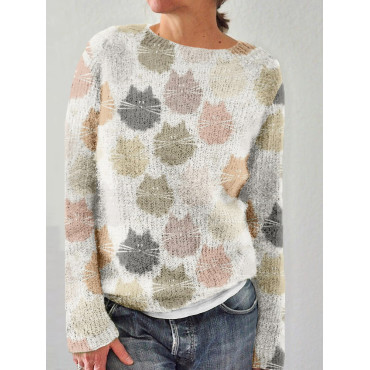 Cute Fluffy Cats Pattern Crew Neck Cozy Sweater