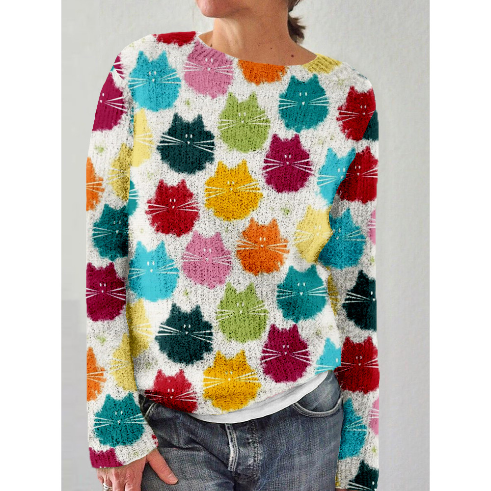 Cute Fluffy Cats Pattern Crew Neck Cozy Sweater