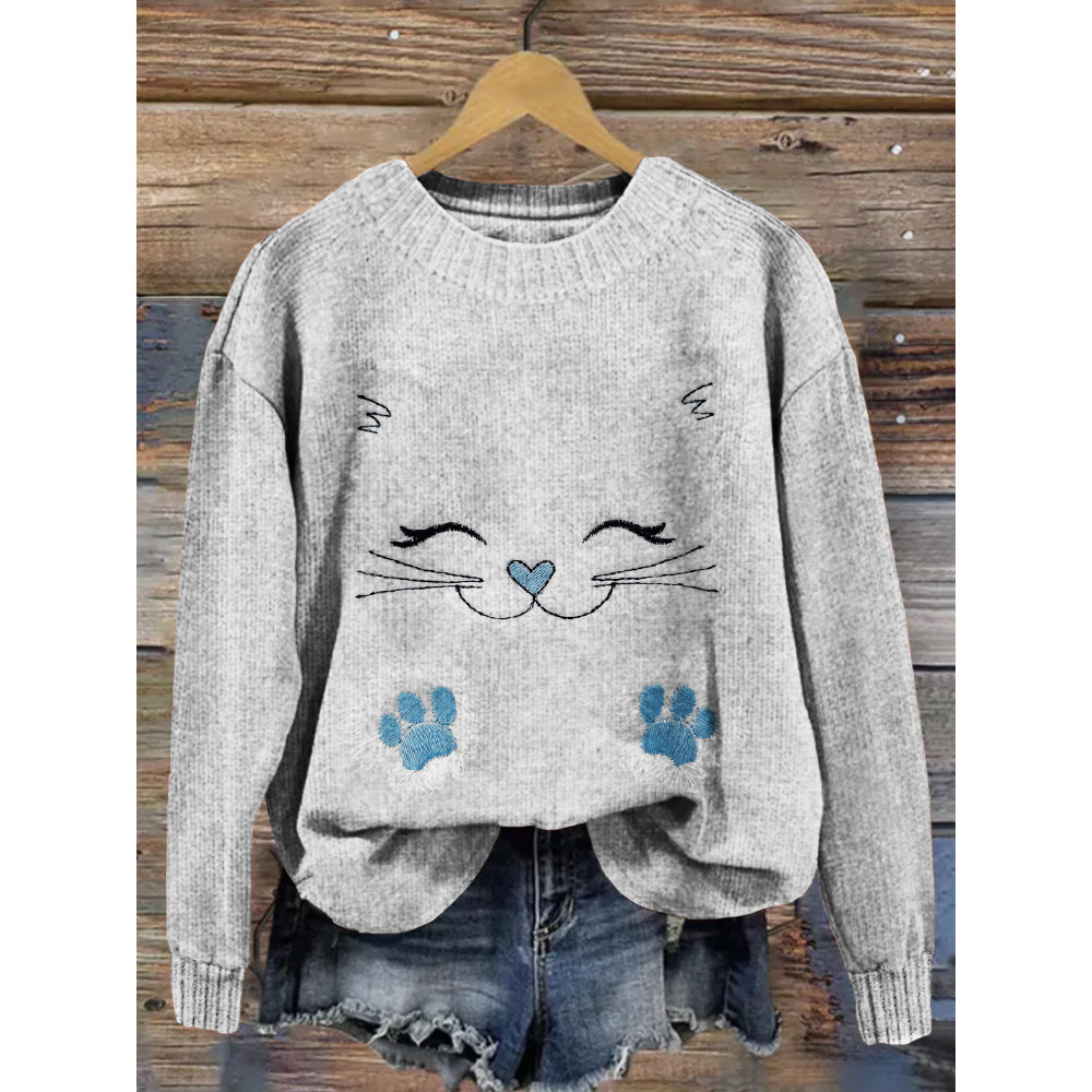 Cute Fluffy Paws Kitten Cat Embroidery Art Cozy Sweater