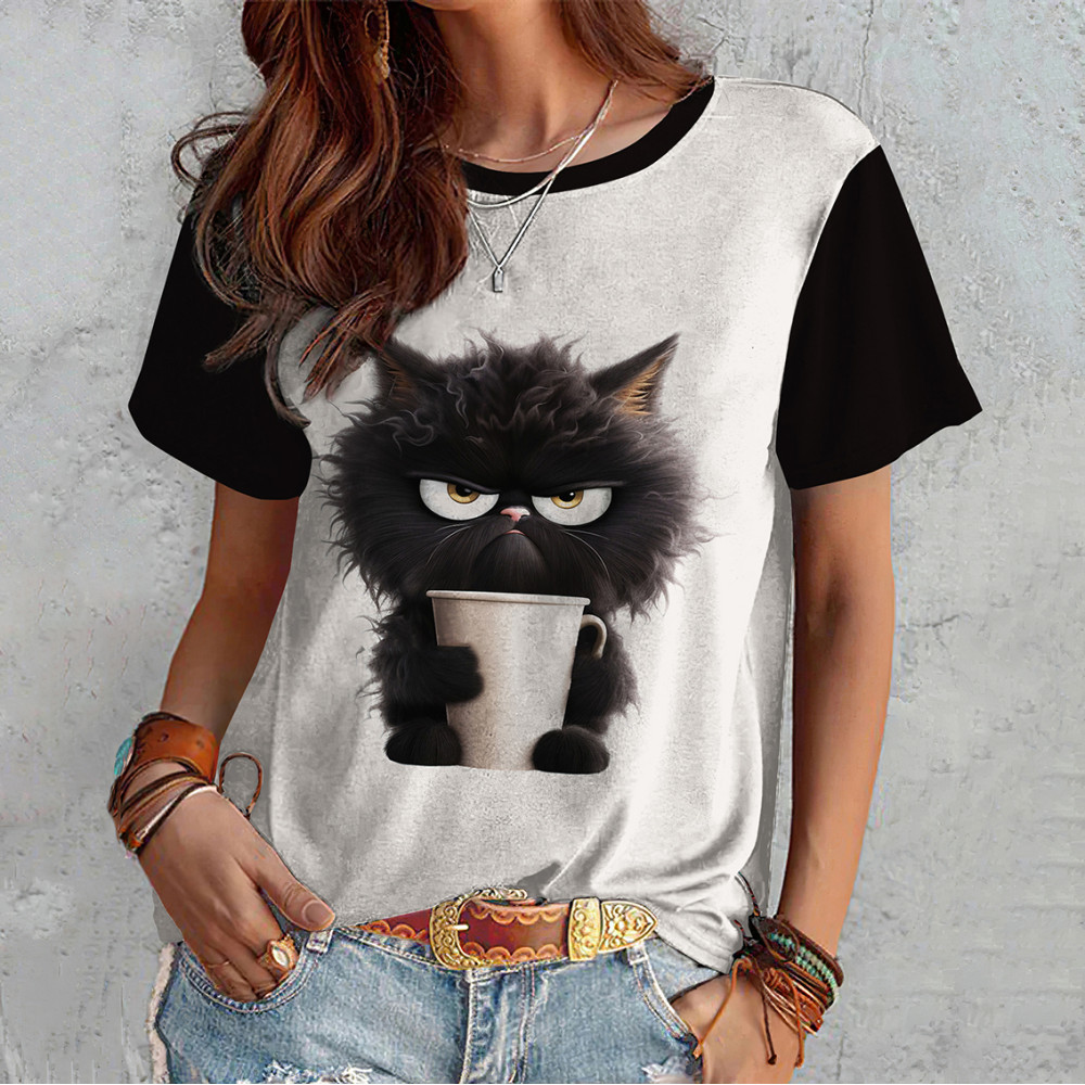Cute Grumpy Cat Print Crew Neck T-Shirt