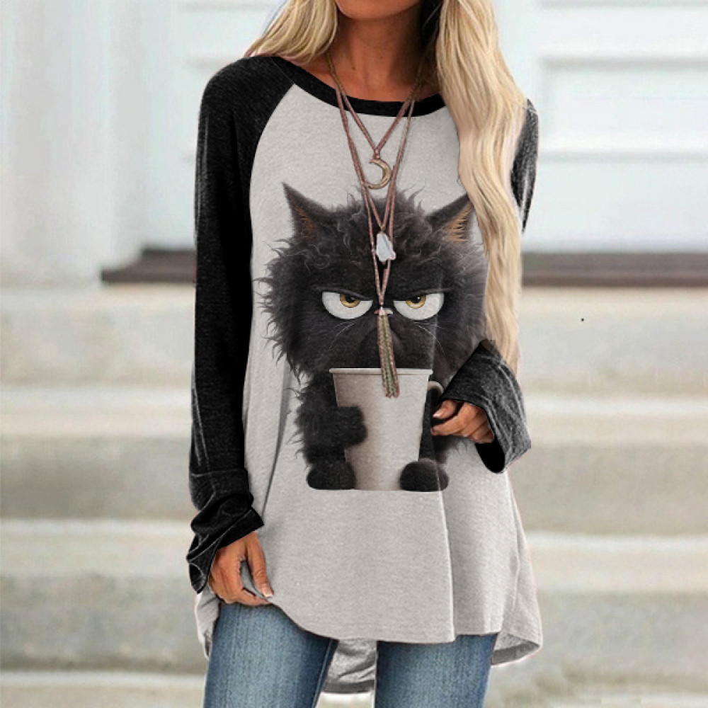 Cute Grumpy Cat Print Long Sleeve Tunic