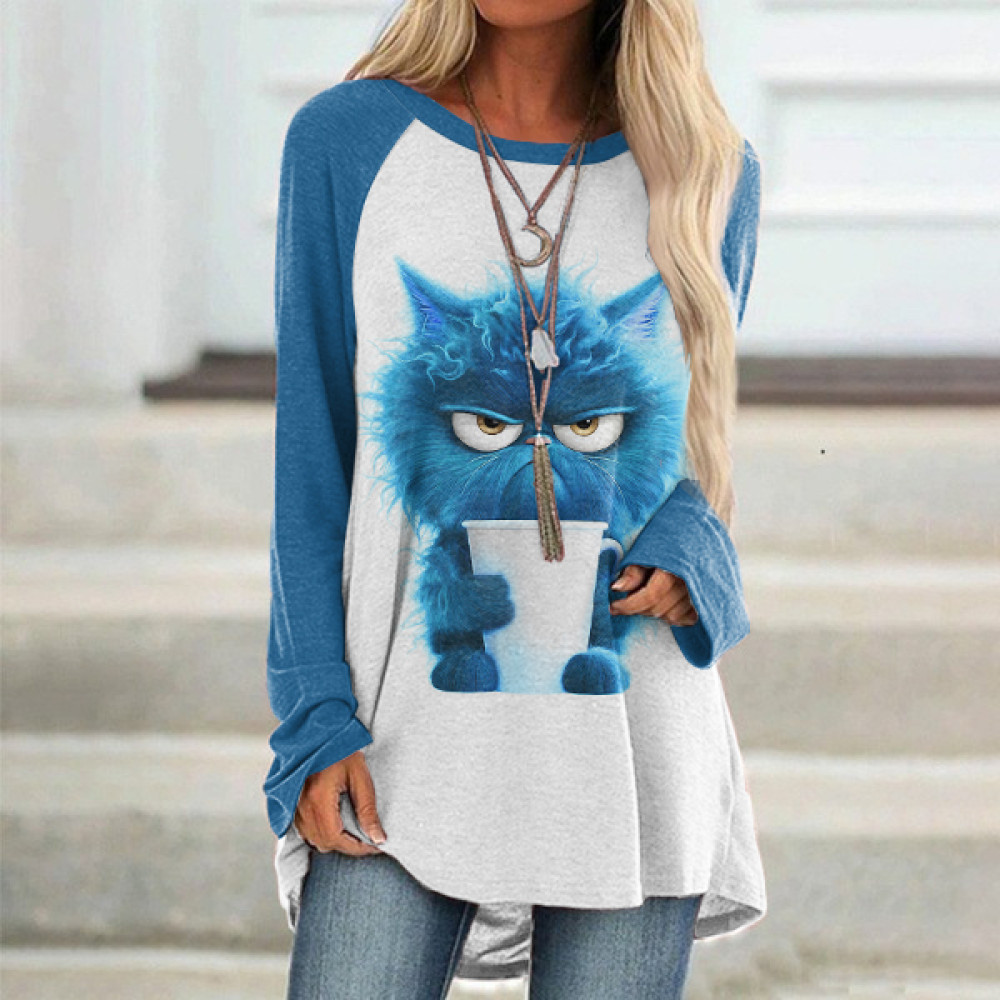 Cute Grumpy Cat Print Long Sleeve Tunic