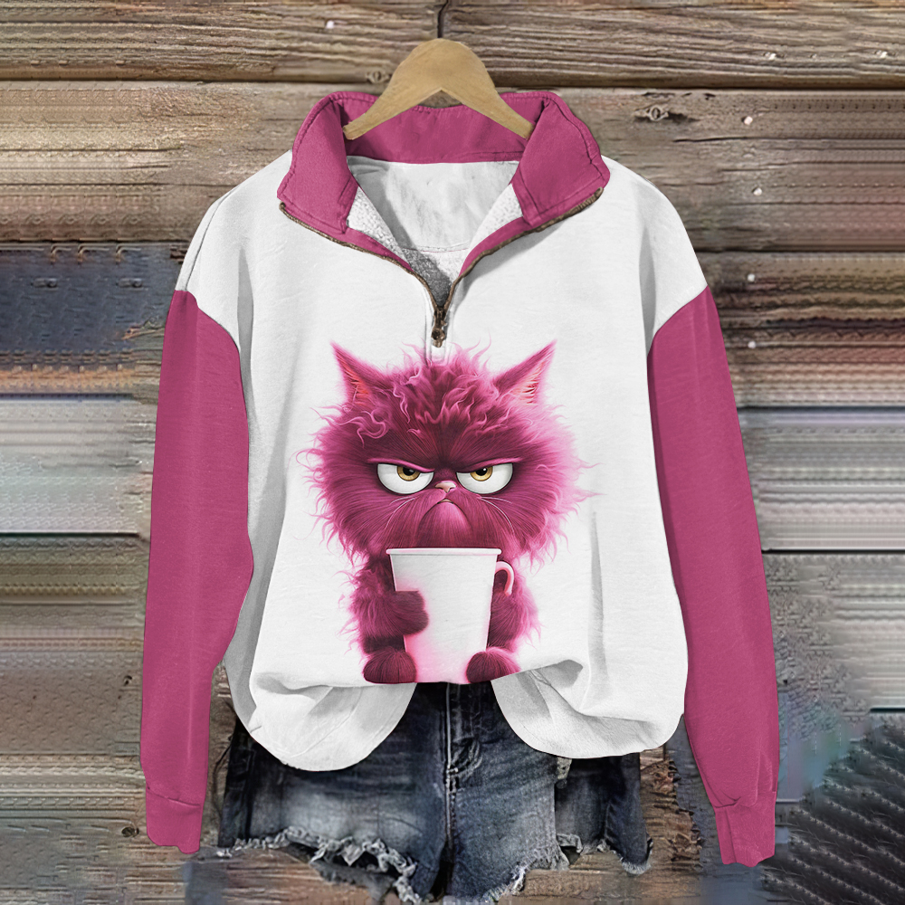 Cute Grumpy Cat Print V-Neck Zipper Casual Sweatshirt