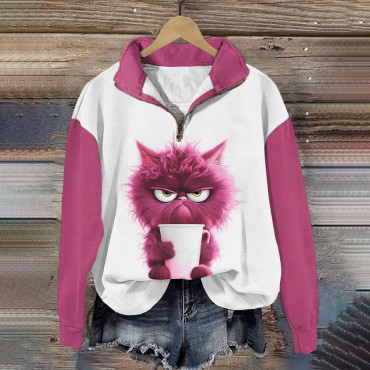 Cute Grumpy Cat Print V-Neck Zipper Casual Sweatshirt