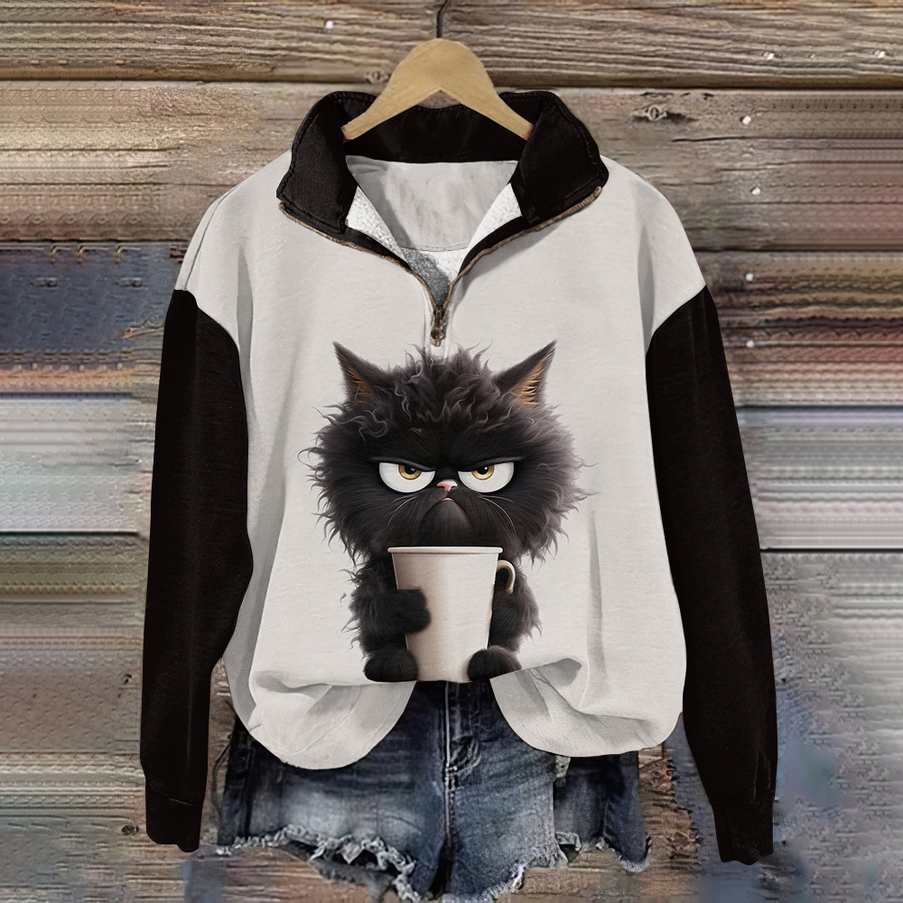 Cute Grumpy Cat Print V-Neck Zipper Casual Sweatshirt