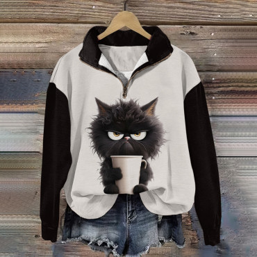 Cute Grumpy Cat Print V-Neck Zipper Casual Sweatshirt