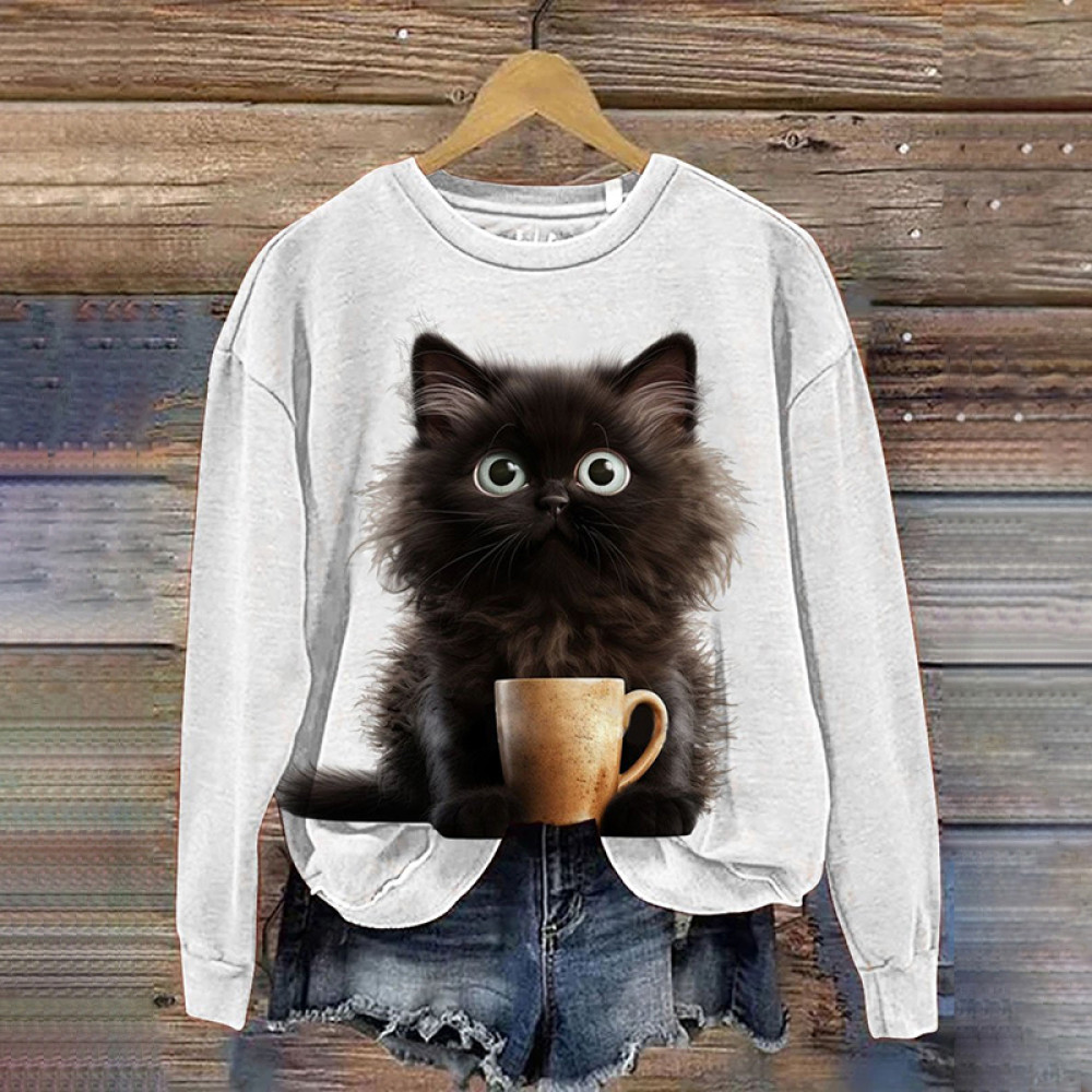 Cute Grumpy Coffee Cat Art Print Pattern Casual Sweatshirt