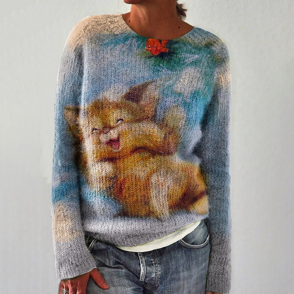 Cute Happy Cat Print Casual Knit Pullover Sweater