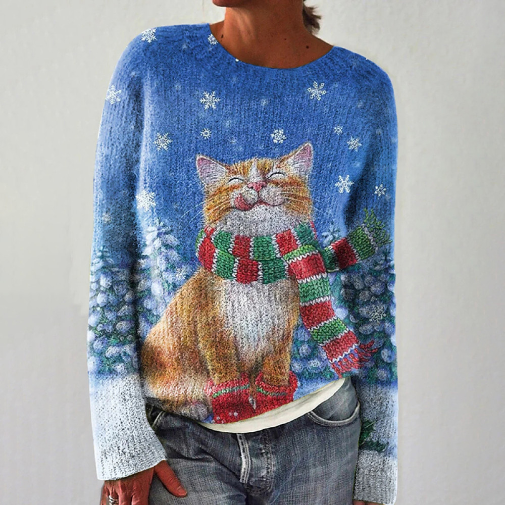 Cute Happy Winter Cat Print Casual Knit Pullover Sweater