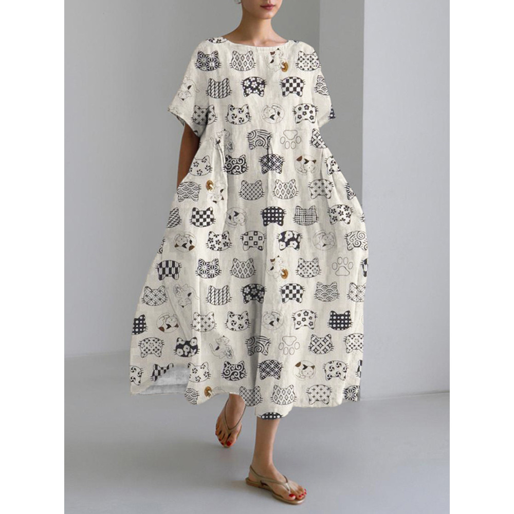 Cute Japanese Cat Head Print Linen Blend Maxi Dress
