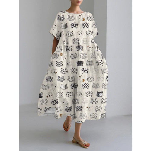 Cute Japanese Cat Head Print Linen Blend Maxi Dress