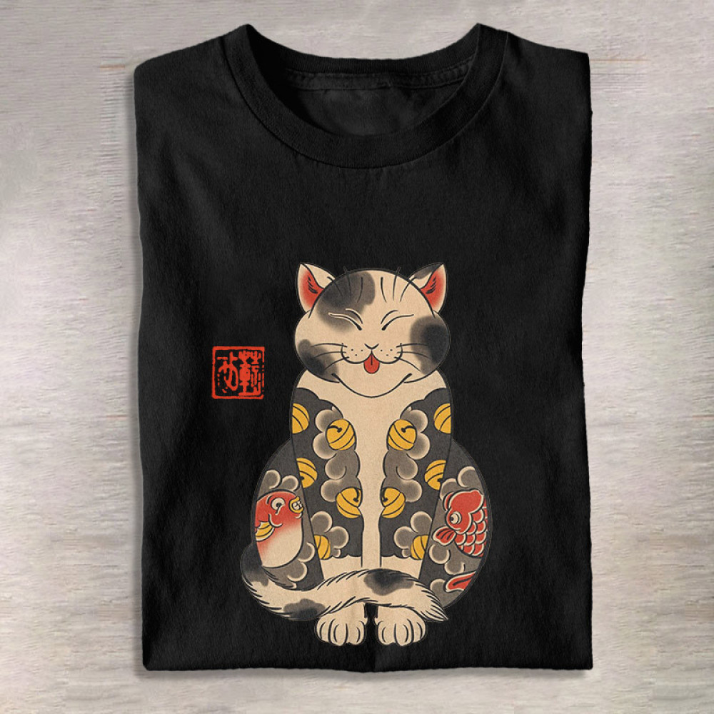 Cute Japanese Ukiyoe Tattoo Cat Print T-Shirt