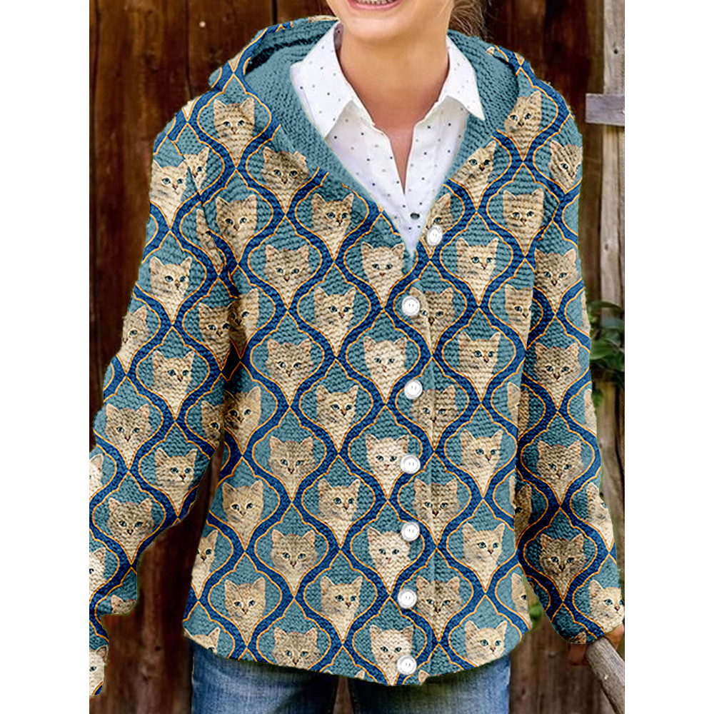 Cute Kitten Faces Graphic Cozy Hooded Button Cardigan