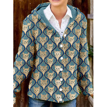Cute Kitten Faces Graphic Cozy Hooded Button Cardigan
