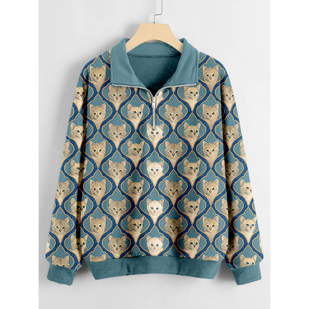 Cute Kitten Faces Pattern Print Zip Up Sweatshirt
