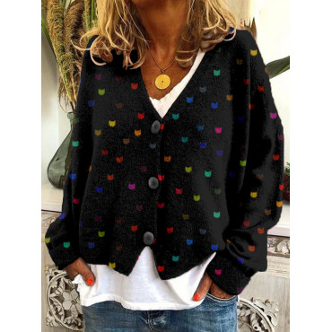 Cute Little Kitty Pattern Cozy Button Cardigan