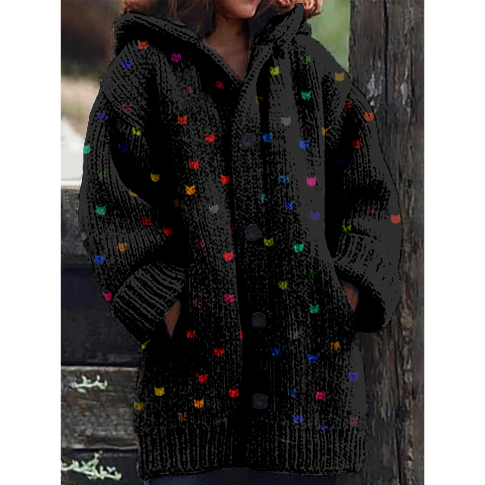 Cute Little Kitty Pattern Cozy Hooded Knit Cardigan