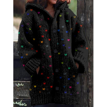 Cute Little Kitty Pattern Cozy Hooded Knit Cardigan