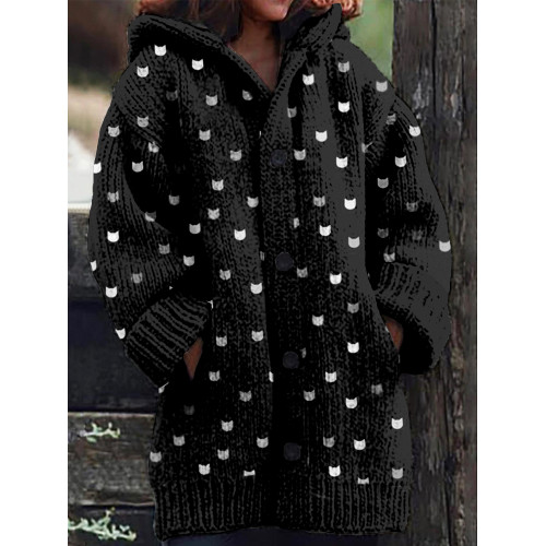 Cute Little Kitty Pattern Cozy Hooded Knit Cardigan