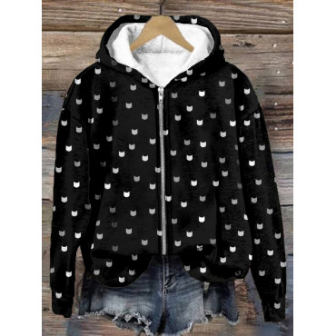 Cute Little Kitty Pattern Cozy Zip Up Hoodie