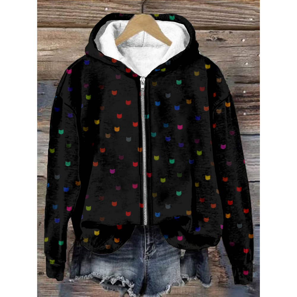 Cute Little Kitty Pattern Cozy Zip Up Hoodie