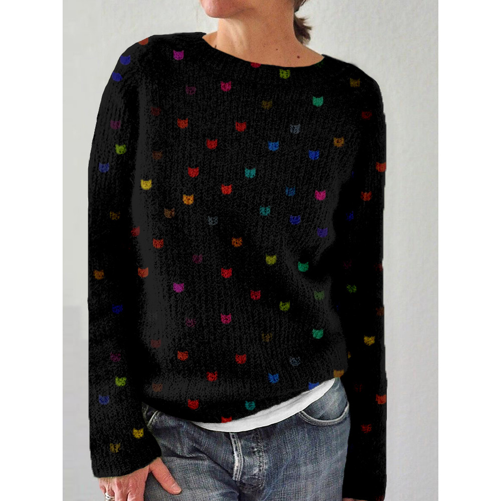 Cute Little Kitty Pattern Crew Neck Cozy Sweater