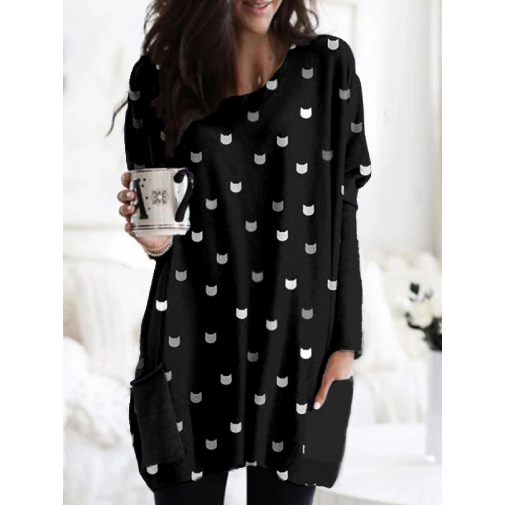 Cute Little Kitty Pattern Patch Pocket Comfy Tunic