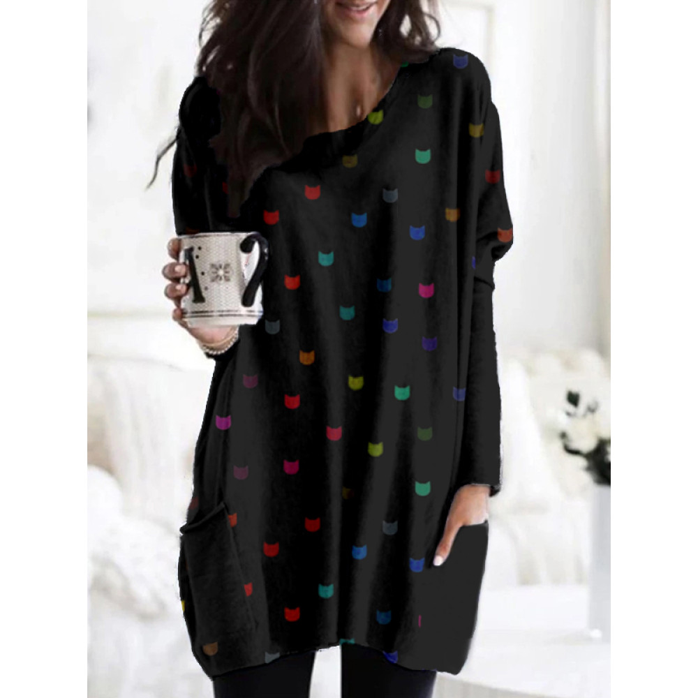 Cute Little Kitty Pattern Patch Pocket Comfy Tunic