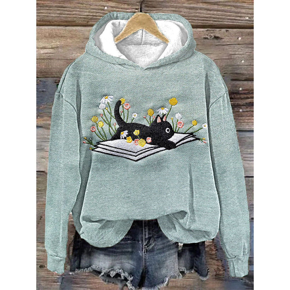 Cute Lying On The Book Cat Print Cotton Cozy Hoodie
