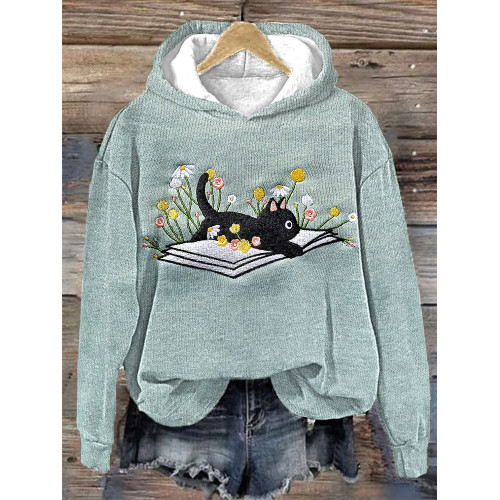 Cute Lying On The Book Cat Print Cotton Cozy Hoodie