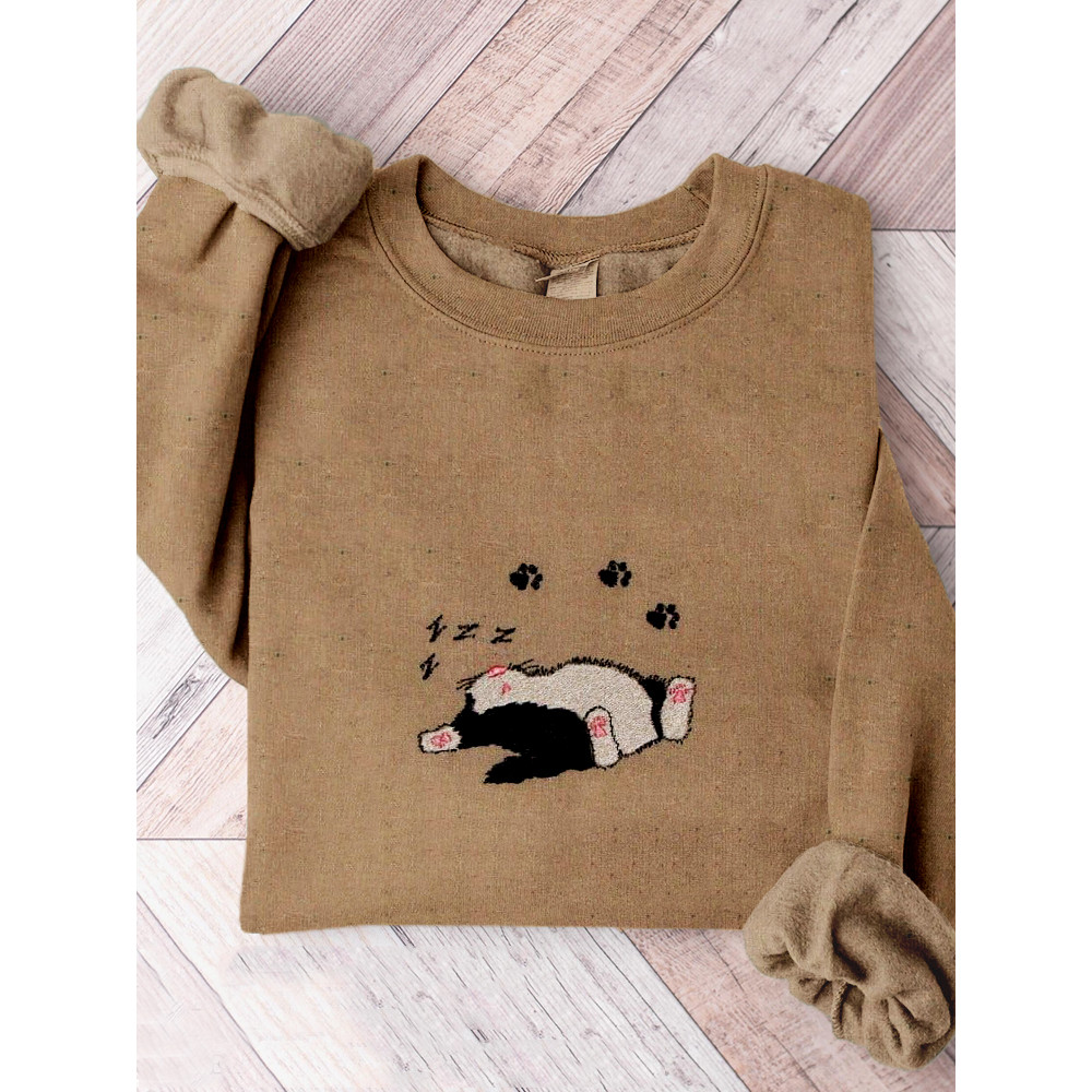 Cute Sleeping Kitty Embroidery Art Cozy Sweatshirt
