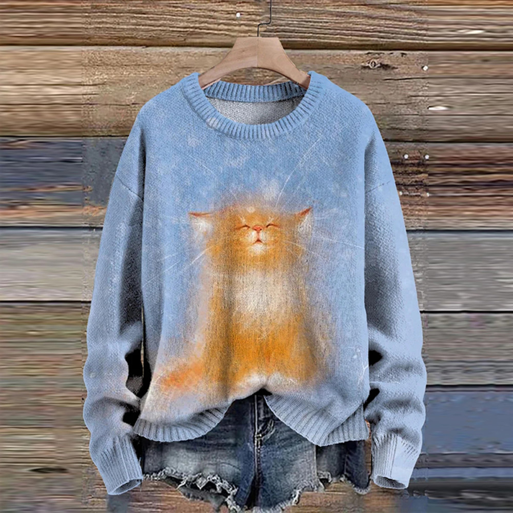 Cute Winter Cat Art Pattern Print Casual Knit Pullover Sweater