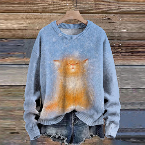 Cute Winter Cat Art Pattern Print Casual Knit Pullover Sweater