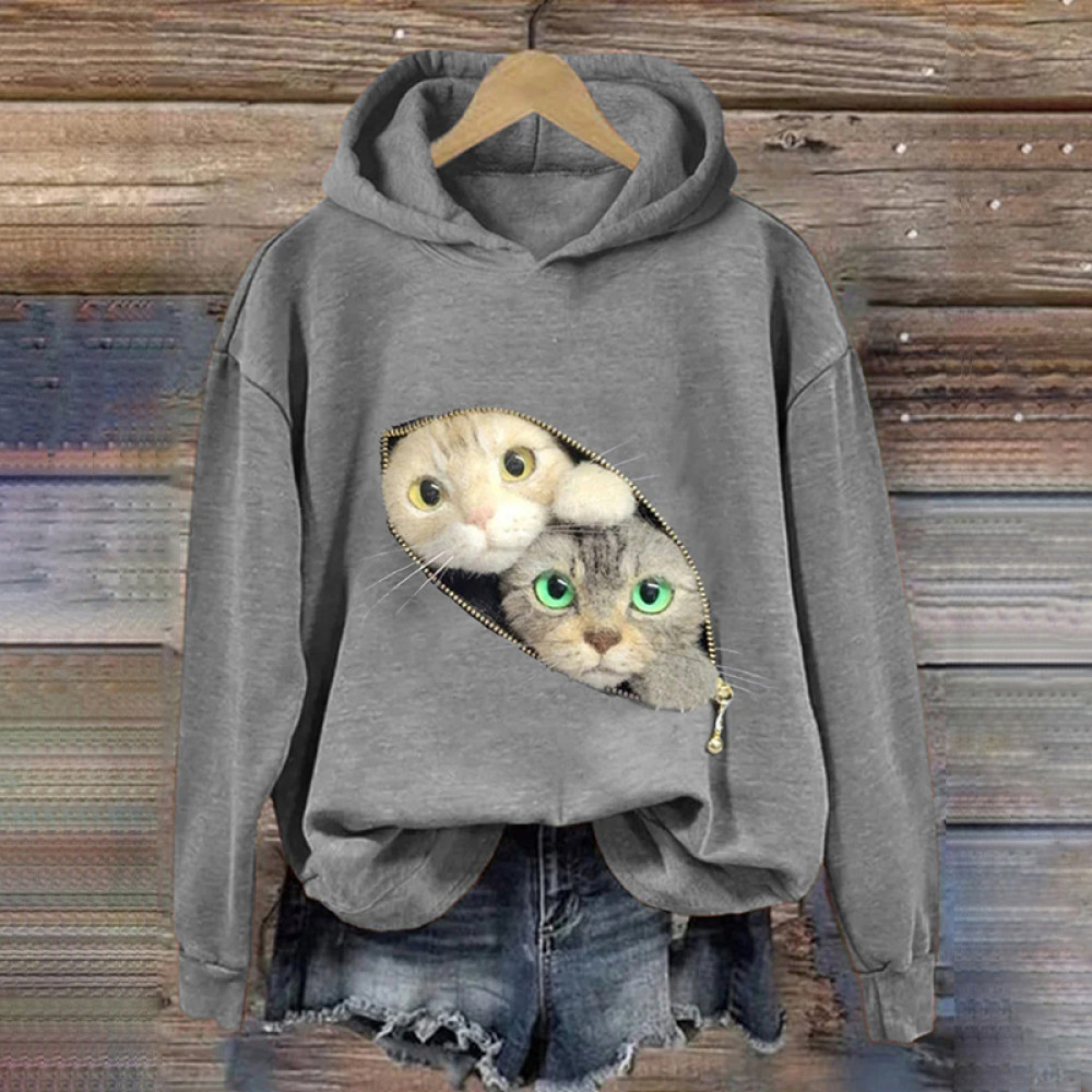 Cute Zipper Cat Print Long Sleeve Hoodie