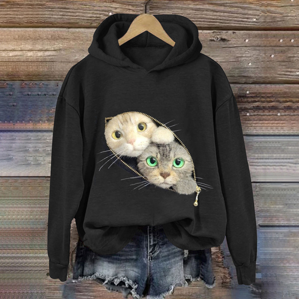 Cute Zipper Cat Print Long Sleeve Hoodie