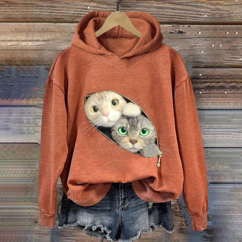 Cute Zipper Cat Print Long Sleeve Hoodie