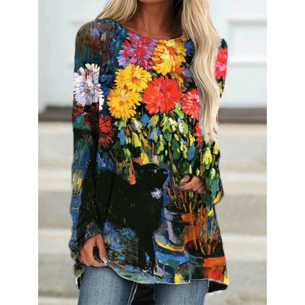 Dahlias and Black Cat Print Long Sleeve T Shirt