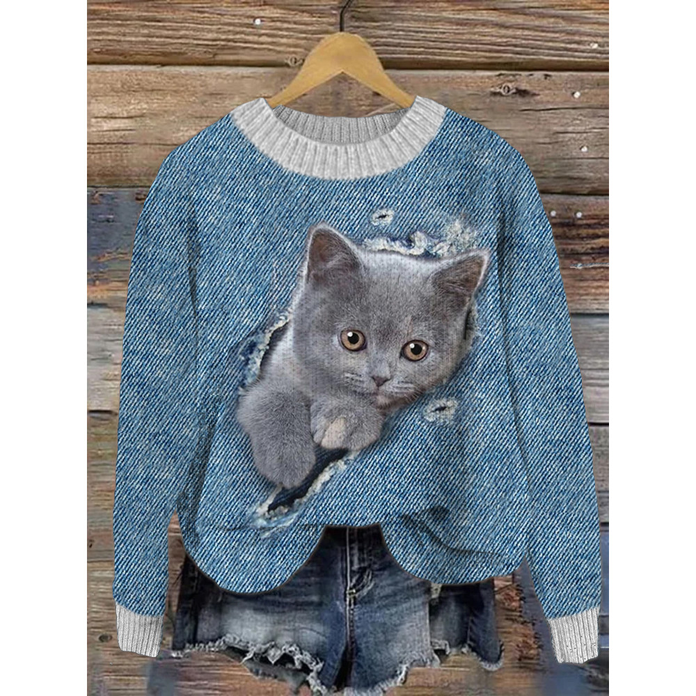 Denim Cat Print Crew Neck Sweater