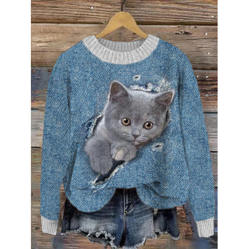 Denim Cat Print Crew Neck Sweater