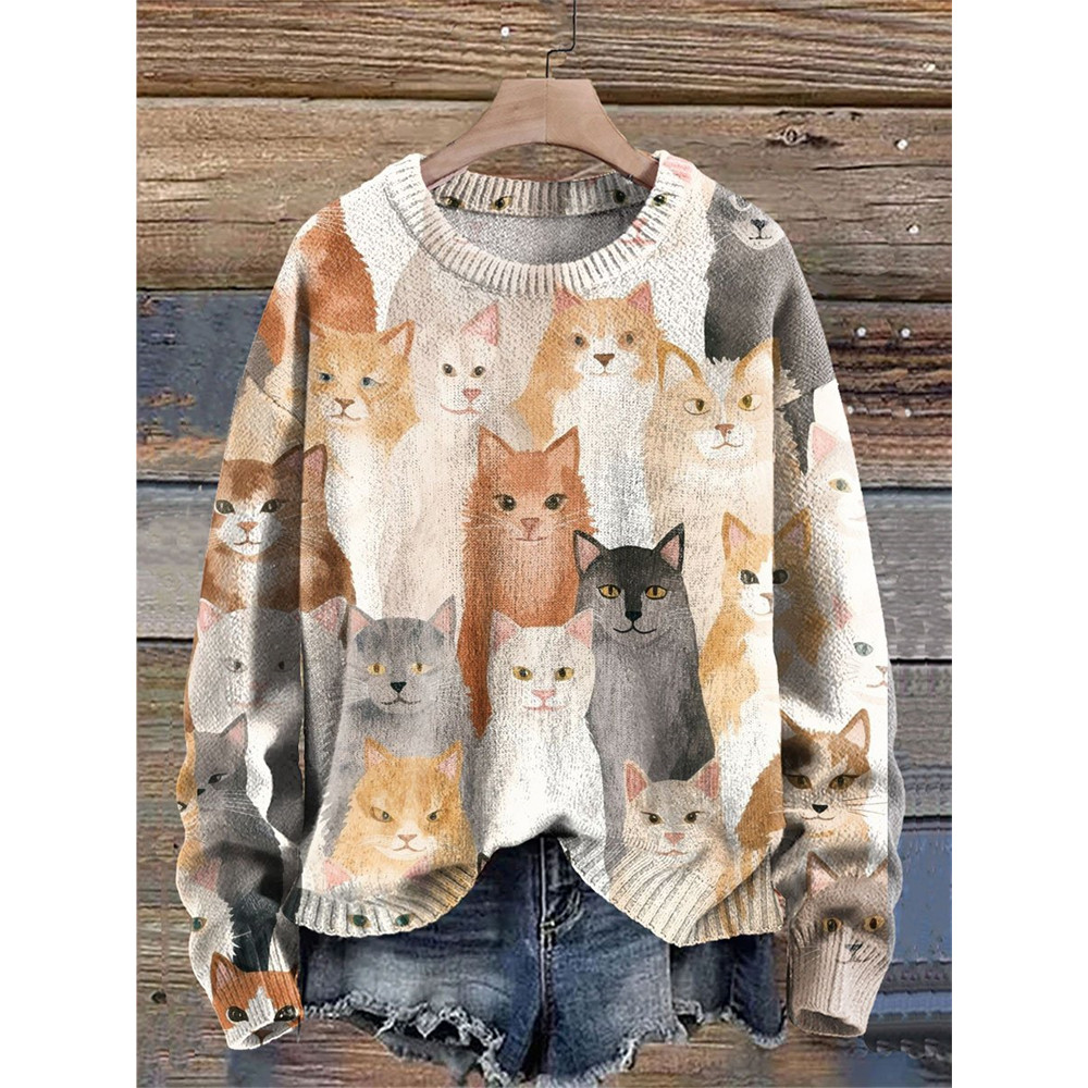 Diverse Cats Print Knit Pullover Sweater